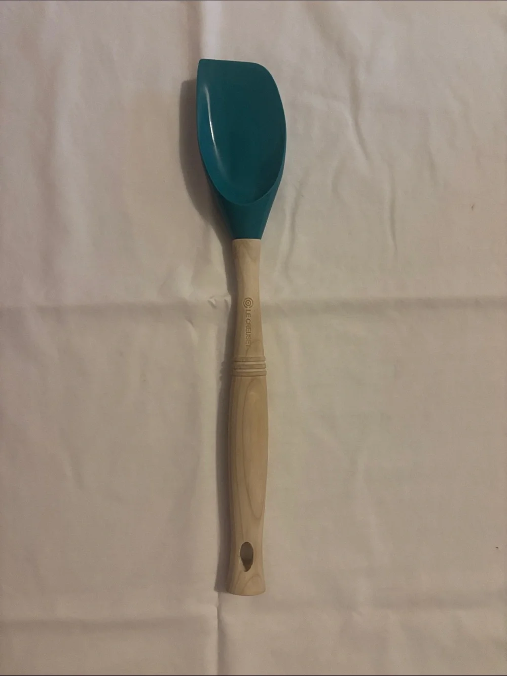 Le Creuset Teal Silicone Left Handed Wooden Handle Spatula
